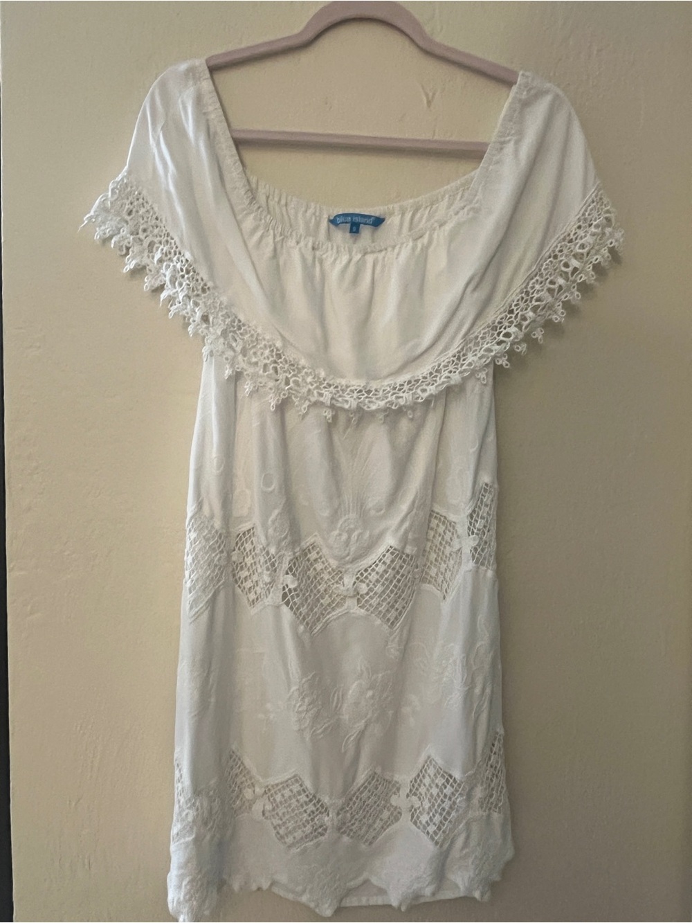 blue island White Off-Shoulder Crochet Trim Dress